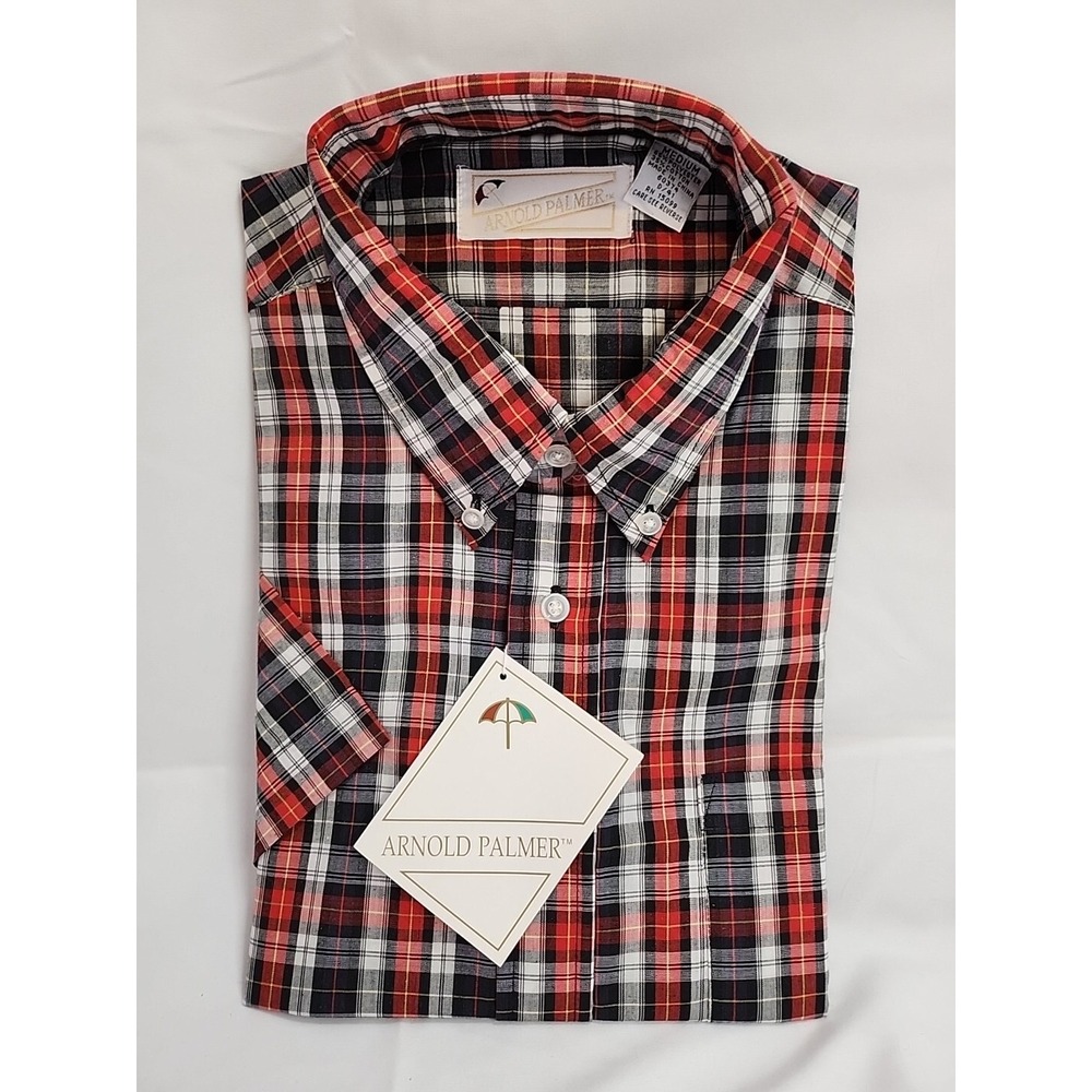 Vtg‎ ARNOLD PALMER PLAID SHIRT Long Sleeve Button Front Casual Dress Red Medium